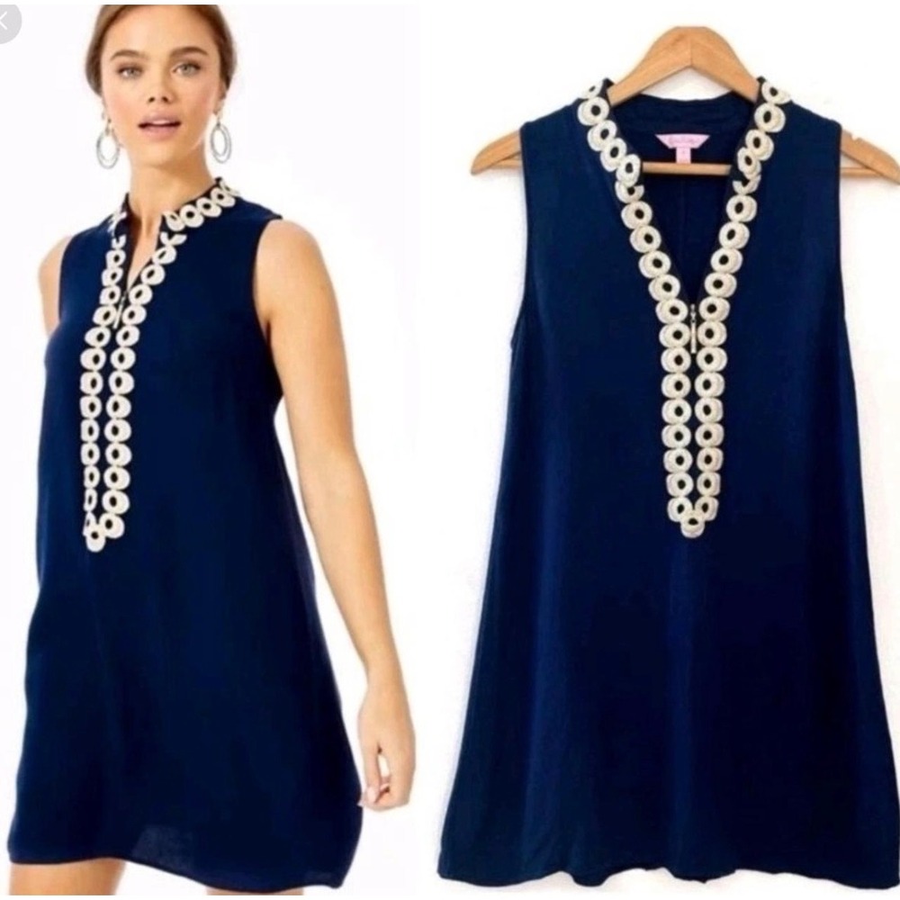 Lilly Pulitzer Shift Dress Gold Soutache Embroidery Size 2 Navy Blue Womens